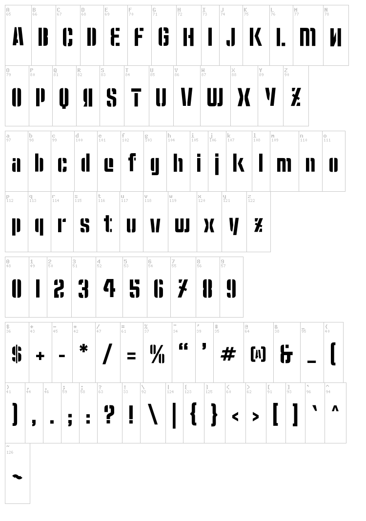 Moshka Stencil font map